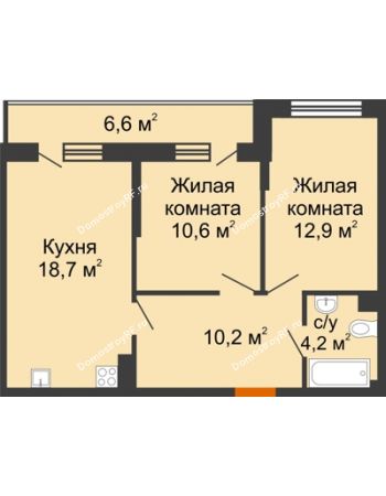 2 комнатная квартира 59,9 м² в ЖК Самолет, дом 4 очередь - Литер 22
