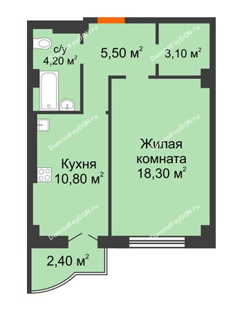 1 комнатная квартира 44,3 м² в ЖК Парк Островского 2, дом № 2