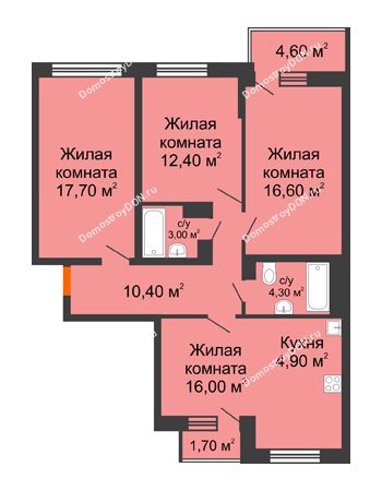 4 комнатная квартира 88,5 м² в ЖК Династия, дом Литер 2