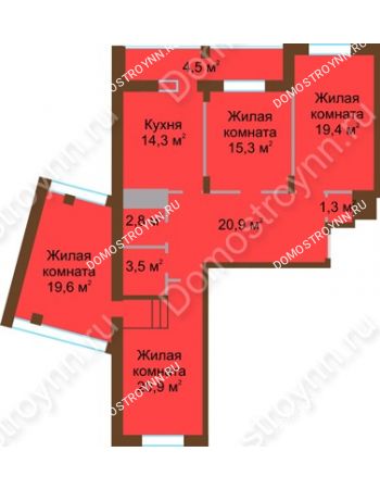 4 комнатная квартира 122,5 м² в ЖК Монолит, дом № 89, корп. 1, 2