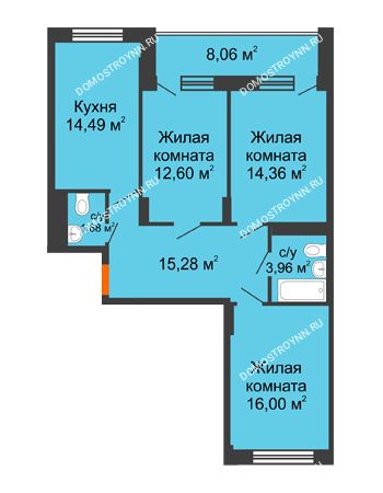 3 комнатная квартира 88,5 м² - ЖД Весна