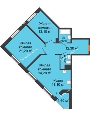 3 комнатная квартира 79,7 м² в ЖК Новая Панорама, дом № 1