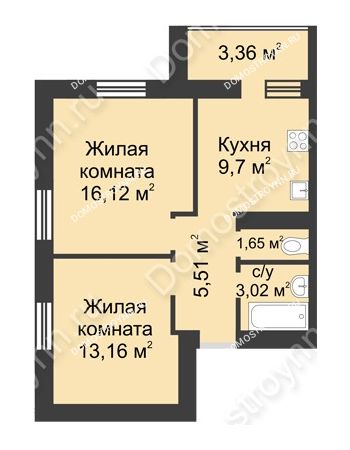 2 комнатная квартира 52,52 м² - ЖК Буревестник