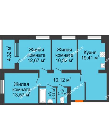 3 комнатная квартира 73,71 м² - Клубный дом На Коммунистической