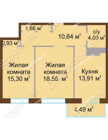 2 комнатная квартира 67,18 м² в ЖК Дворянский, дом № 1