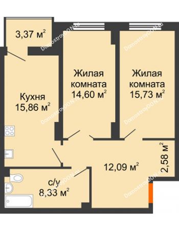 2 комнатная квартира 70,4 м² в ЖК Аврора, дом № 1