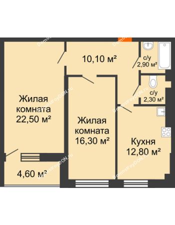 2 комнатная квартира 68,28 м² в ЖК Сокол Градъ, дом Литер 3 (6)