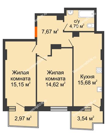 2 комнатная квартира 59,77 м² в ЖК Сердце Ростова 2, дом Литер 7