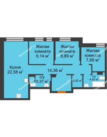 4 комнатная квартира 72,67 м² в ЖК Сердце Сибири, дом № 76, квартал Геологов (ГП-2)