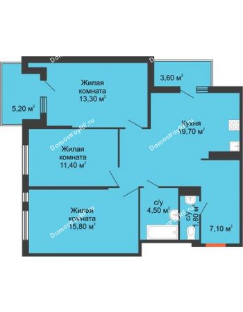 3 комнатная квартира 82,4 м² в ЖК Квартет, дом Литер 2