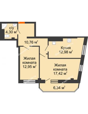 2 комнатная квартира 64,75 м² в ЖК Горизонт, дом № 2