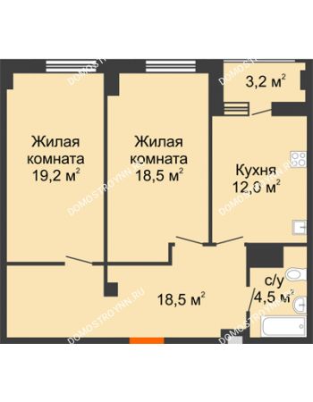 2 комнатная квартира 74,3 м² в ЖК Квартет, дом № 3