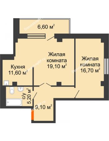 2 комнатная квартира 65,1 м² в ЖК Взлетная 7, дом 1-2 корпус