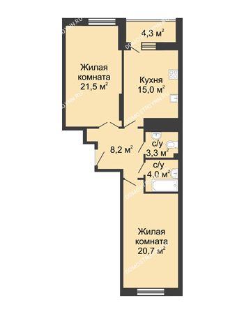 2 комнатная квартира 77,8 м² в ЖК Монолит, дом № 89, корп. 3