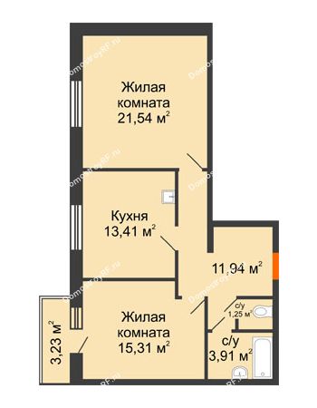 2 комнатная квартира 68,33 м² в ЖК Бограда, дом № 2