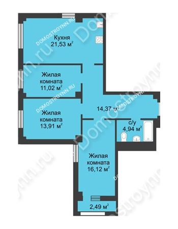 3 комнатная квартира 83,14 м² - ЖК Каскад на Сусловой