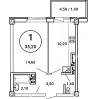1 комнатная квартира 35,2 м² в ЖК Лебедь, дом № 50 - планировка