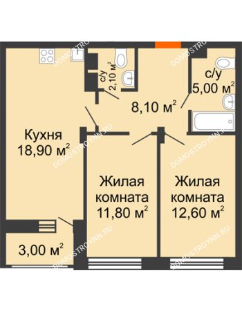 2 комнатная квартира 60 м² в ЖК Заречье, дом № 6