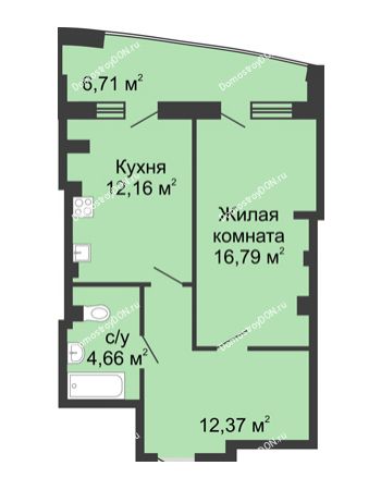 1 комнатная квартира 54,4 м² в ЖК Тихий Дон, дом № 1