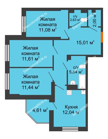 3 комнатная квартира 76,26 м² в ЖК Днепровская Роща, дом № 1