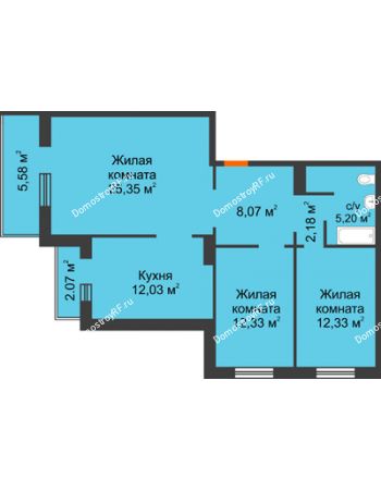 3 комнатная квартира 80,27 м² в ЖК Плодово-Ягодный, дом № 1