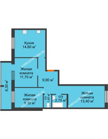 3 комнатная квартира 66,1 м² в ЖК Удачный 2, дом № 1