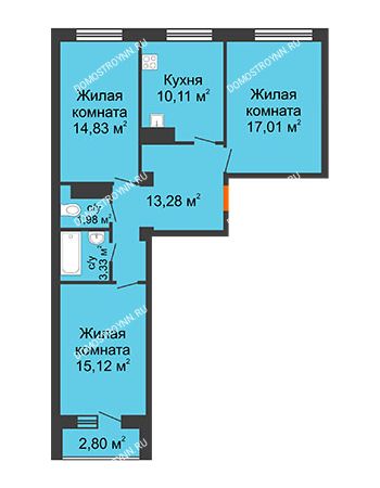 3 комнатная квартира 79,3 м² в ЖК Облака, дом № 2