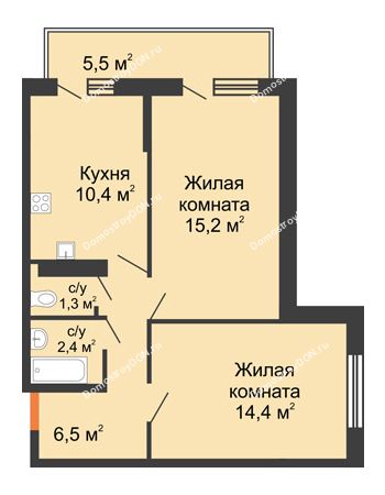 2 комнатная квартира 51,9 м² в ЖК SkyPark (Скайпарк), дом Литер 1, корпус 2, 1 этап