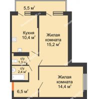 2 комнатная квартира 51,9 м² в ЖК SkyPark (Скайпарк), дом Литер 1, корпус 2 - планировка