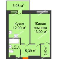 1 комнатная квартира 43,92 м² в ЖК Гвардейский 3.0, дом Секция 3 - планировка
