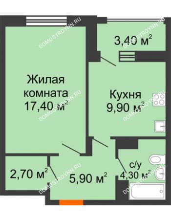 1 комнатная квартира 41,9 м² - ЖД по ул. Радио