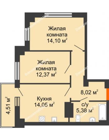 2 комнатная квартира 55,15 м² в ЖК Аврора, дом № 1