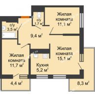 2 комнатная квартира 57,7 м² в ЖК Отражение, дом Литер 1.2 - планировка