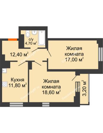 2 комнатная квартира 61,4 м² в ЖК На Высоте, дом 2 этап