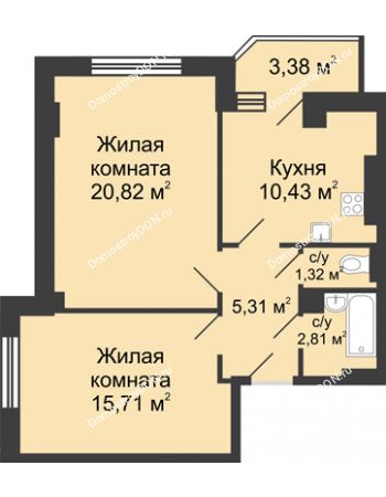 2 комнатная квартира 58,08 м² в ЖК Сердце Ростова, дом Этап II