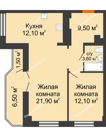 2 комнатная квартира 61,9 м² - ЖК Дом на Целиноградской, 12
