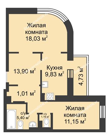2 комнатная квартира 64,91 м² - ЖК Петровская Крепость