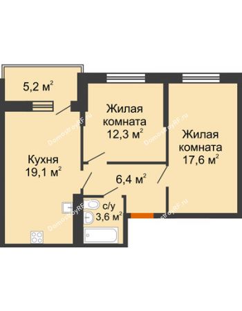 2 комнатная квартира 61,6 м² в ЖК Отражение, дом Литер 2.2