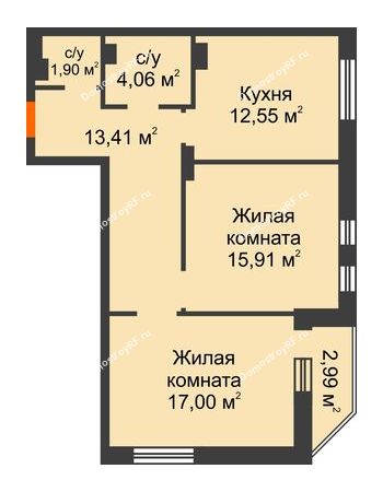2 комнатная квартира 65,73 м² в ЖК Континент, дом № 16