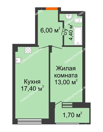 1 комнатная квартира 42,5 м² в ЖК Заречье, дом № 7