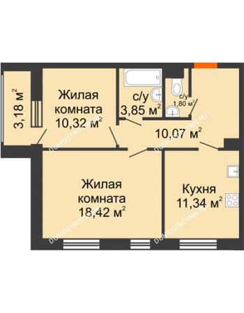2 комнатная квартира 57,39 м² - ЖК Дом на Чаадаева
