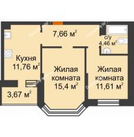 2 комнатная квартира 52,73 м² в ЖК Светлоград, дом Литер 16 - планировка
