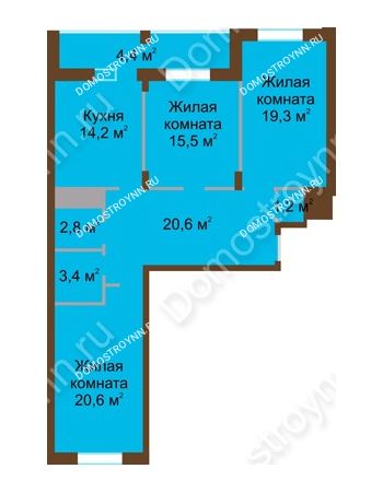3 комнатная квартира 102 м² в ЖК Монолит, дом № 89, корп. 1, 2