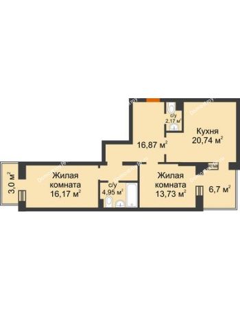 2 комнатная квартира 78,88 м² в ЖК Новоостровский, дом № 2 корпус 1