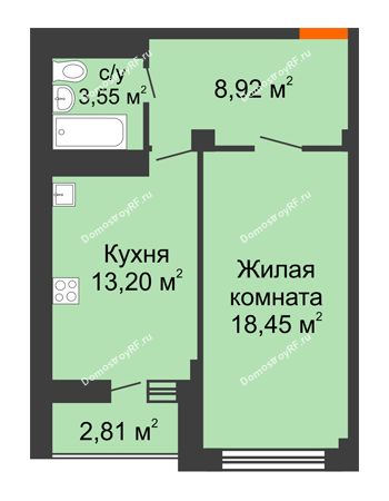 1 комнатная квартира 44,12 м² в ЖК Солнечный, дом № 2