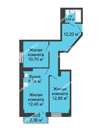 3 комнатная квартира 57,68 м² - ЖК Каскад на Волжской