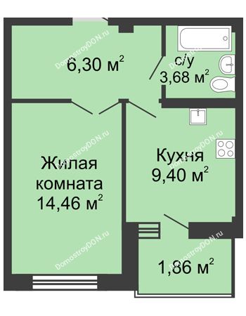 1 комнатная квартира 34,4 м² в ЖК Соловьиная роща, дом № 2
