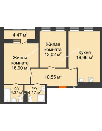 2 комнатная квартира 71,28 м² в ЖК Бунин, дом 1 этап, секции 11,12,13,14