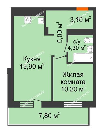 1 комнатная квартира 46,4 м² в ЖК Корица, дом № 1