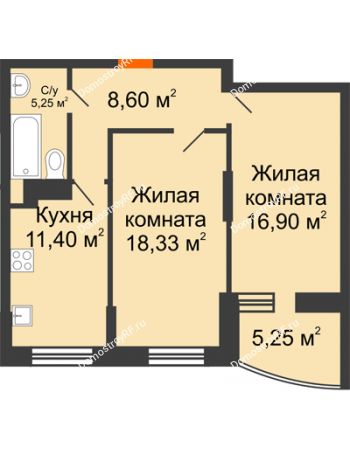 2 комнатная квартира 63,1 м² в ЖК Россинский парк, дом Литер 1